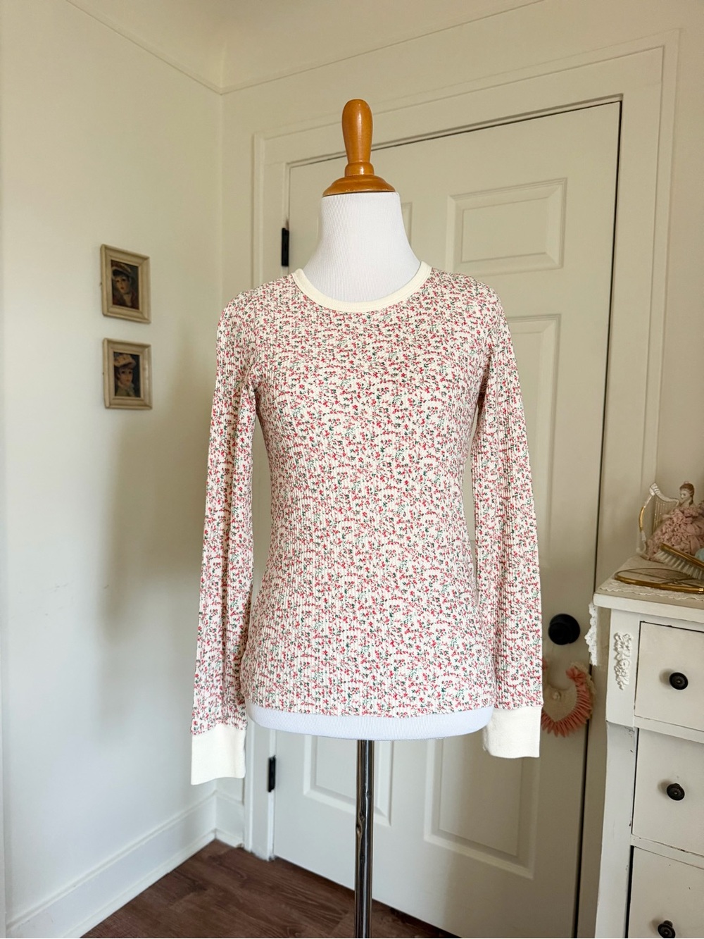 Red and Green Ditzy Floral Long Sleeve Waffle Knit Top - New with tags!